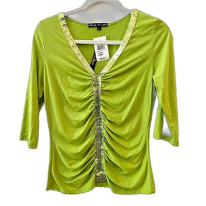 Vintage Y2K NWT Lime Green Sequin Top Women’s Large 3/4 Sleeve Ruched Gold